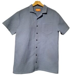 Negative Space Waffle Knit Short Sleeve Button‎ Up Shirt Blue Size Med